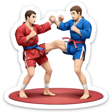 Two Sambo fighters in blue and red kimonos, with shorts and wrestling shoes, performing grappling and throwing techniques. The background shows a wrestling mat and an intense, focused atmosphere. Transparent background highlights the fluidity and skill of the sport without strikes. sticker