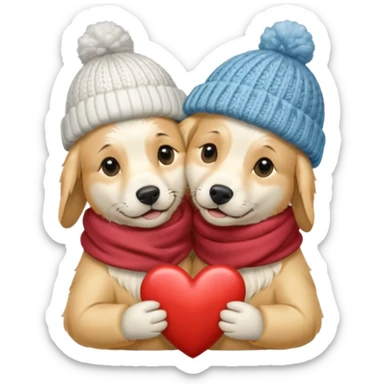2 English cream golden retrievers cuddling with winter hats and heart in between them. Make them pale dogs  sticker