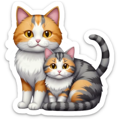 full body colourful light patched calico + white tabby cat cuddling a bigger cat that is dark grey and white tabby cat  sticker