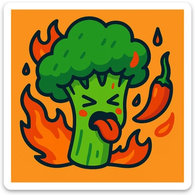 Spicy broccoli with a surprised, flushed face, not puking, in vibrant cartoon style with vivid colors and expressive features. sticker