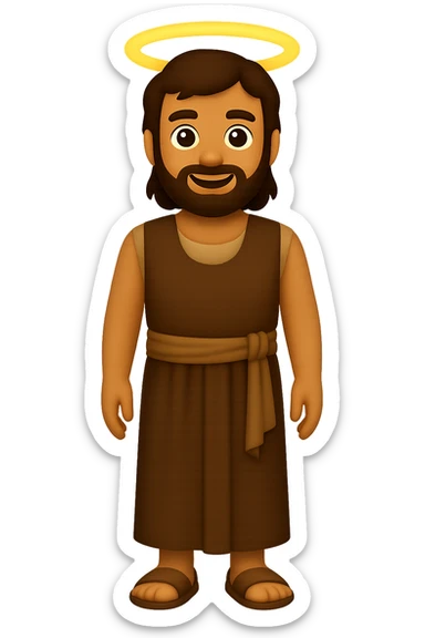 Create a centered full body image of Apostle Peter facing straight, wearing a sleeveless shirt and plain robes in classic emoji style. Use a brown clothes color palette with beige details in reverse color palette. He should have an expressive face, be smiling, and have a halo with no background. The style should mimic classic emoji style with no background. sticker