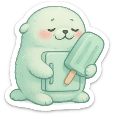 soft fluffy seal as a tiny refrigerator, hugging a popsicle, blushing, soft mint palette, full-body sticker