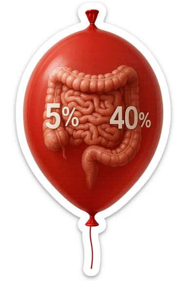 intestino umano anatomico chiuso in un palloncino rosso con la scritta 5% e 40% dentro insieme all'intestino, iperrealistico 4k sticker