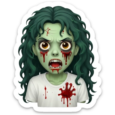 a zombie with long curly black hair volumoso, brown eyes, a white t-shirt and a splash of blood on her t-shirt, mouth open like a zombie, green skin color, not much expression, no drawing on shirt, no hands showing, less blood on her face, less blood, black hair and black eyes sticker