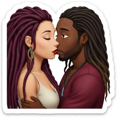 Dark Wine colored hair Latina long hair, kissing black guy with dreads sticker