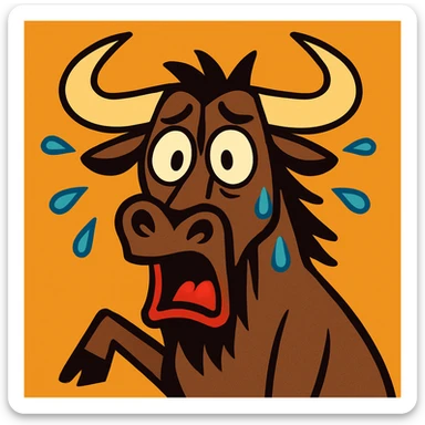 cartoon gnu with sweat drops and shocked face, bold animated cartoon style sticker