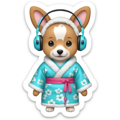 dog, kimono dress with headphone, cyan sticker