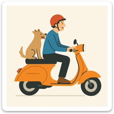 vector art of a man and his pet dog riding a vespa, for website design  sticker