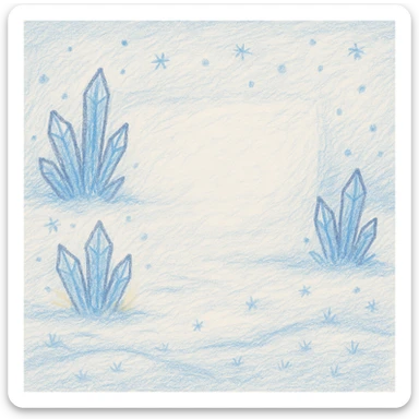 children's book page background set on an icy planet, snowy ground, glowing ice crystals, soft snowflakes, clear frosty patch for text, magical and gentle style, no characters sticker
