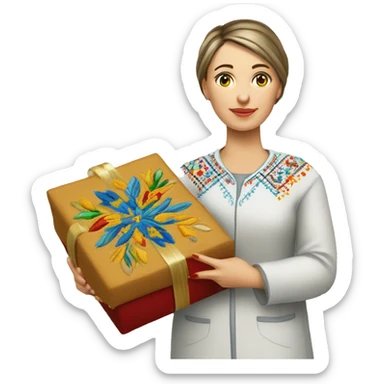 A female teacher in Ukrainian embroidery holds a gift in her hand sticker