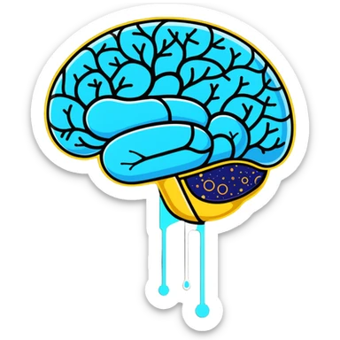 Cute sticker of a pearly blue capsule floating before a stylized brain with golden sparks forming a neural network pattern. A small liver icon glows nearby, all within a gentle swirling aura representing mental clarity and body connection sticker