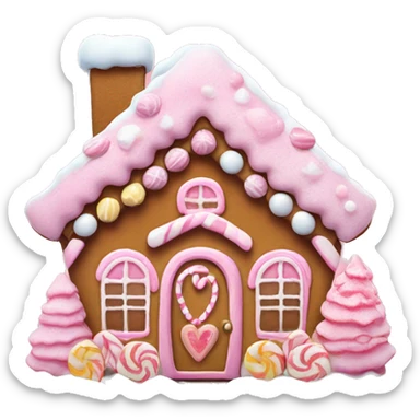 Pink gingerbread house with candy decorations, snow-covered roof, and a tiny heart on the door sticker
