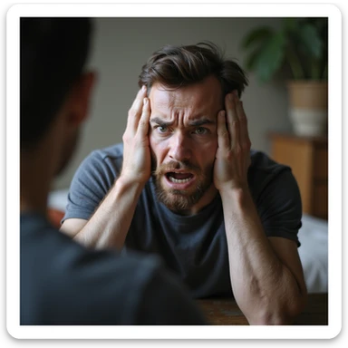 Hyperrealistic 4K image of a man holding his head with both hands, exaggerated expression of pain, but gaze directed at a person observing him, domestic environment, highly detailed. sticker