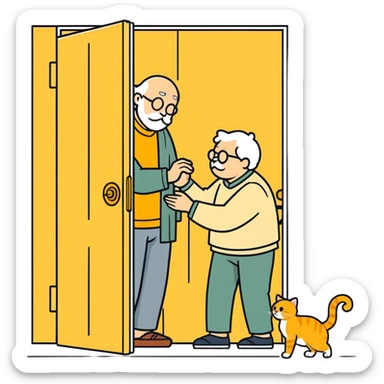 old blind man opening and closing the door four ￼his golden cat  sticker