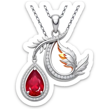 teardrop ruby pendant with fiery light, tiny phoenix feather emerging, haloed by shimmering white stones, silver chain like liquid moonlight sticker