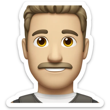 White man, straight and dark hair with a small crest, mustache, and sparse beard sticker