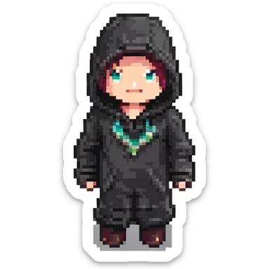 Extract and isolate the character in the black hooded outfit, preserving the original Minecraft pixel art style, colors, and details, with a transparent background. sticker