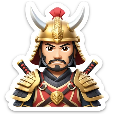 clash-of-clans-aesthetic_-cinematic-fearsome-and-majestic-samurai-bust-portrait-emoji, rendered in a flat, vector-style with minimal shading and bold, simplified shapes typical of emoji art, depicting a battle-hardened samurai with steely eyes and traditional Japanese armor, riding a noble warhorse adorned with an intricately designed saddle and fluttering banners, against a backdrop of cherry blossoms and a rising sun. sticker