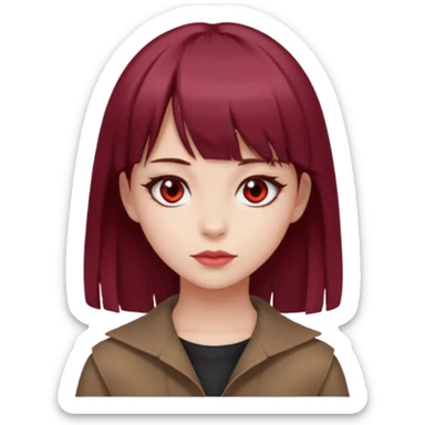 beautiful girl with maroon medium hair, straight bangs and red bando, red eyes and brown clothes sticker