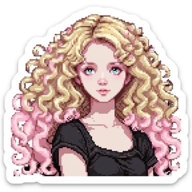 pale girl with curly medium-length blonde hair and baby pink swirls sticker
