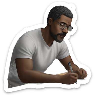 A man, drawing on an iPad with a stylus. , using the iPad placed on a table. with art tools like brushes and pencils around him. 🎨 sticker