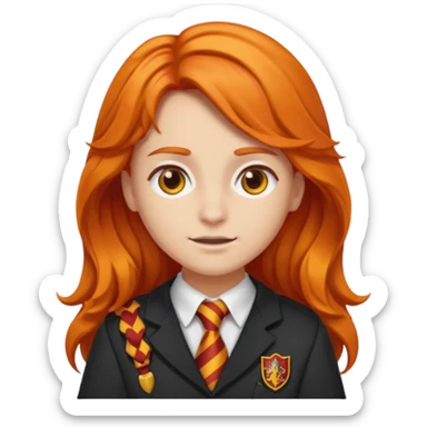 A iphone emoji with long wavy fierce orange hair and hazel eyes, wearing Gryffindor school uniform sticker