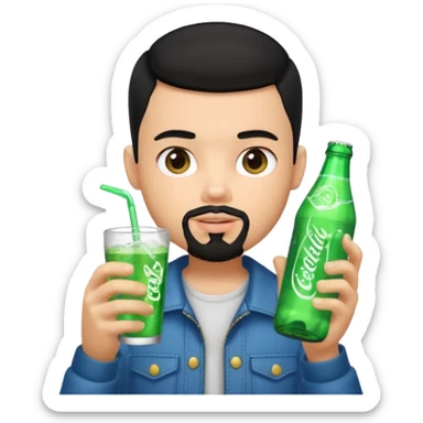 generate a pretty bratz boy with a buzz cut black hair, drinking sprite, bearded,  sticker