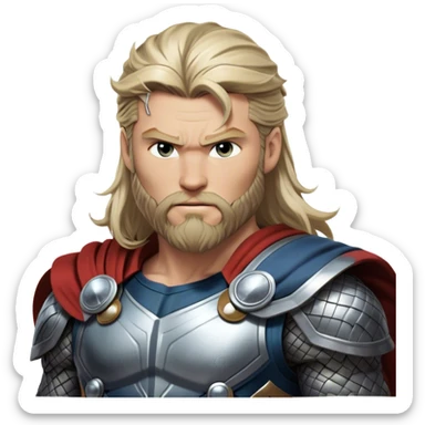 Cinematic Realistic Thor Portrait, depicted with lifelike skin texture and a commanding, muscular build that radiates divine strength. His piercing eyes, framed by rugged, flowing hair and a well-groomed beard, exude both determination and amiable authority. Clad in his signature armor with subtle hints of mystical lightning, the portrait is rendered in dynamic natural lighting with a radiant, heroic glow. sticker