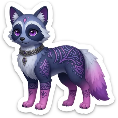 Rare colorful bluish purplish pinkish gradients furry fuzzy silvery exotic cute epic aesthetic gothic colorful Salandit-Eevee-Civet-species-Fakemon-hybrid-creature, with a collar, and with intricate tribal markings, full body sticker