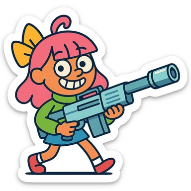 funny, positive stalker girl named Businka with a huge machine gun sticker