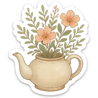 teapot with flowers and leaves in ghibli style, delicate, detailed, cozy sticker