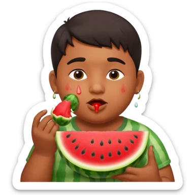 a watermelon with a indian 13 yearold a little fat boy eating it sticker