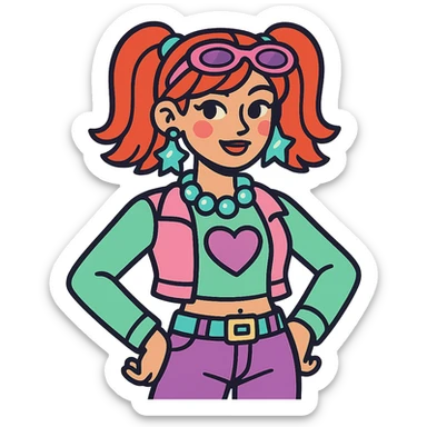 Y2K style girl with red hair, shiny accessories, pastel colors sticker