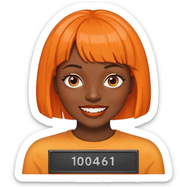 dark skinned Black woman with orange bob wig like Chucky's hair, visible plaque on her teeth sticker