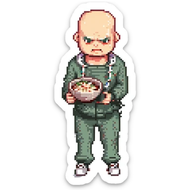 Pixel art thug in tracksuit, holding chain in Hand, bald head, angry expression, side view, retro arcade sprite 
Takes a plate of noodles in hand.  sticker