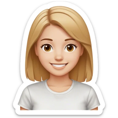 a white girl with brown hair highlighted with blone color, smiling , tshirt sticker