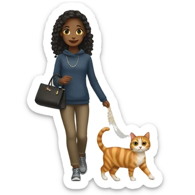 Girl with jewelry walking her cat  sticker