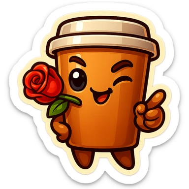 Tall coffee cup, rose in mouth, wiggle eyebrow, smirk, pointing at viewer sticker