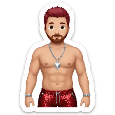 Joey Fatone with dark red hair, black sequin baggy pants, shirtless with necklace sticker