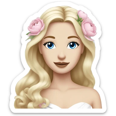 White bride with long light blonde hair and blue eyes with light pink peonies in hair white skin  sticker