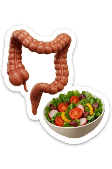 bowl di insalata fluttua in aria insieme ad intestino umano anatomico realistico, IPERREALISTICO 4K sticker