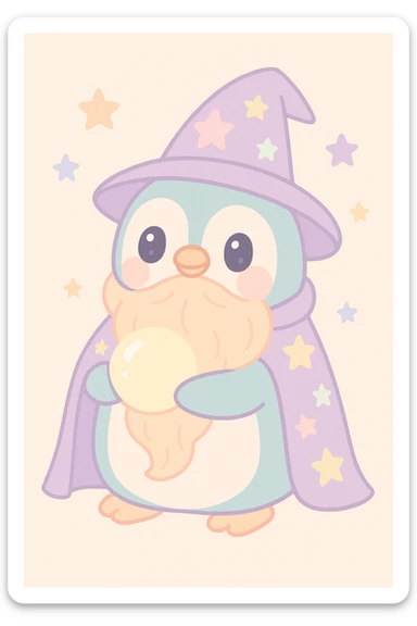 a chubby penguin wizard with a long beard, starry cloak, and a glowing orb, looking wise and mystical sticker