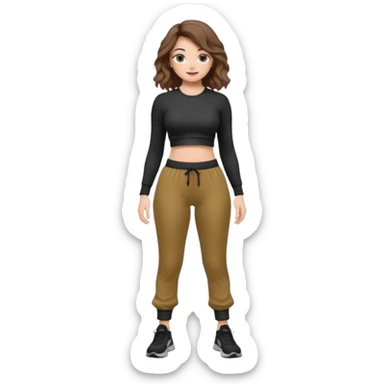Girl with brown wavy hair, dream body ( small waist, wild hips and big glute) in black long sleev sticky top, grey jogger sticker