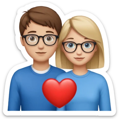 two young lovers, a heart in the middle, boy with brown hair and glasses, girl blonde with blue eyes without glasses, emoji style sticker