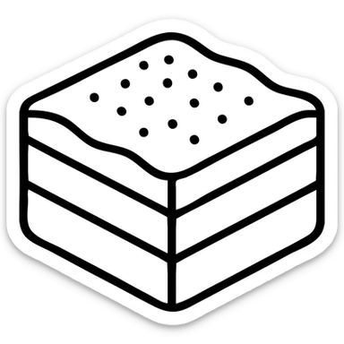 A piece of tiramisu with cocoa powder on top and visible layers sticker