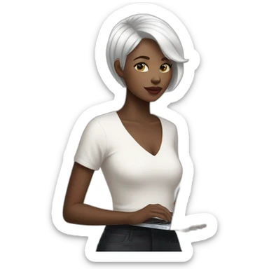 it girl white short hair with macbook pro sticker