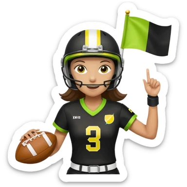 woman celebrating a flag football touchdown, wearing a helmet, black uniform with white accents, lemon lime flag belt, holding a football, no country flags sticker