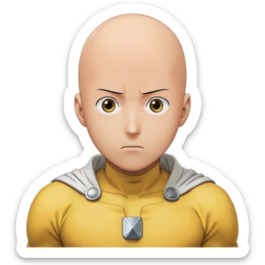 Saitama with blank face from One Punch Man, plain expression, bald head, simple round eyes, yellow hero suit, comical anime look sticker