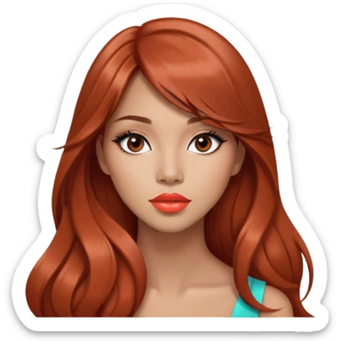gorgeous woman, light tan skin, very long auburn hair, side bangs, black eyes, coral lipstick, model, latina, asian, mixed sticker