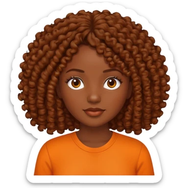 dark skinned woman with curly brown hair and orange shirt sticker